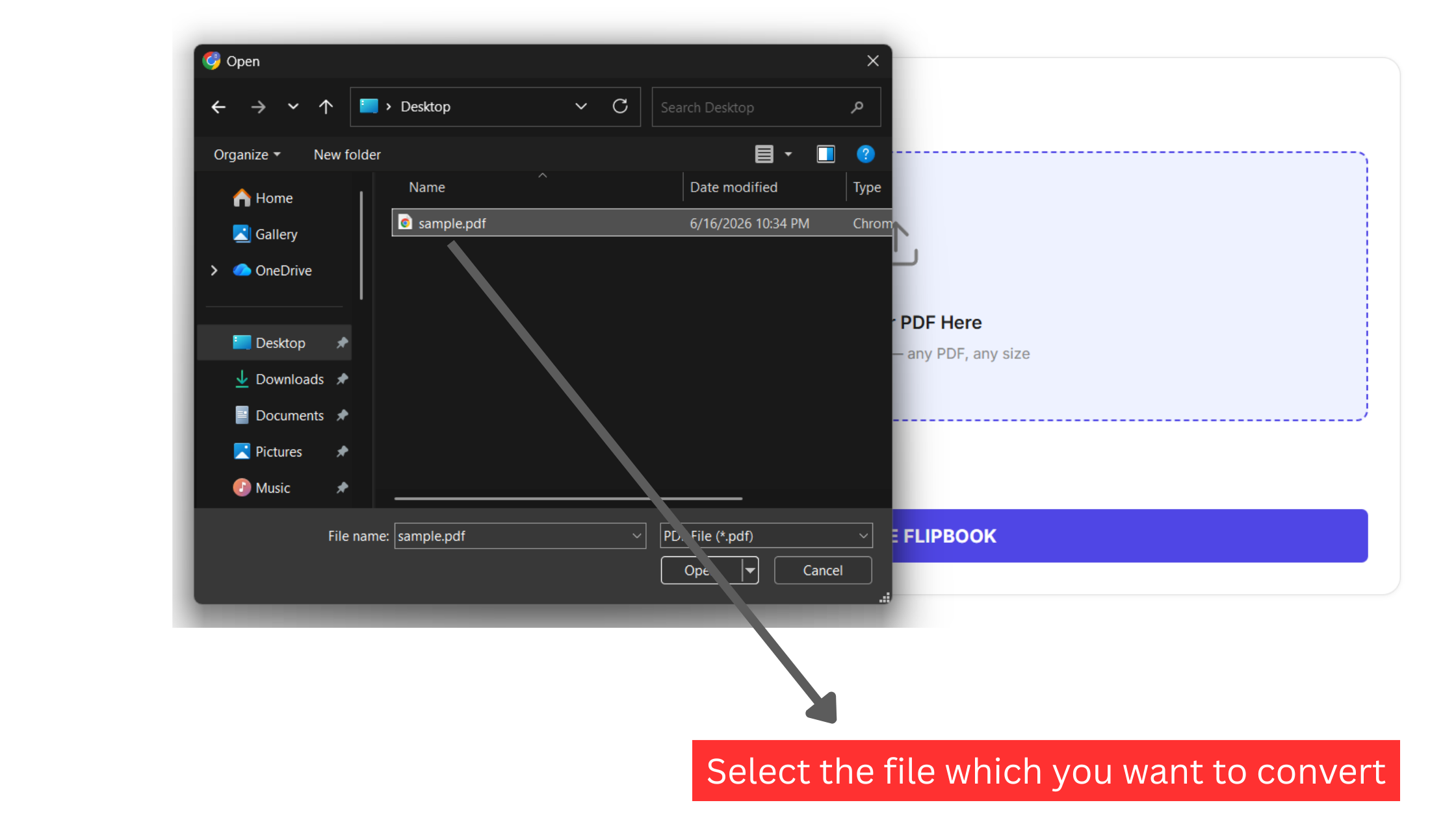 Operating system native file selection dialog showing local PDF files for conversion