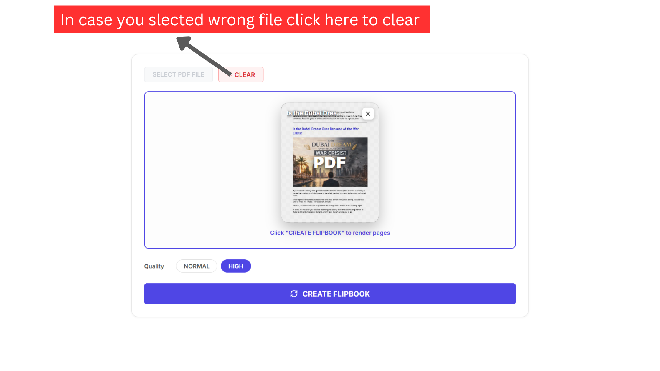 Staged document view showing the red Clear button to reset the converter workspace