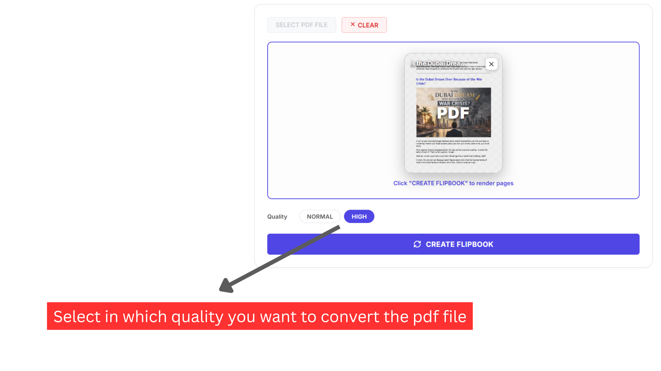 Quality selection toggle showing Normal quality and High quality configuration options