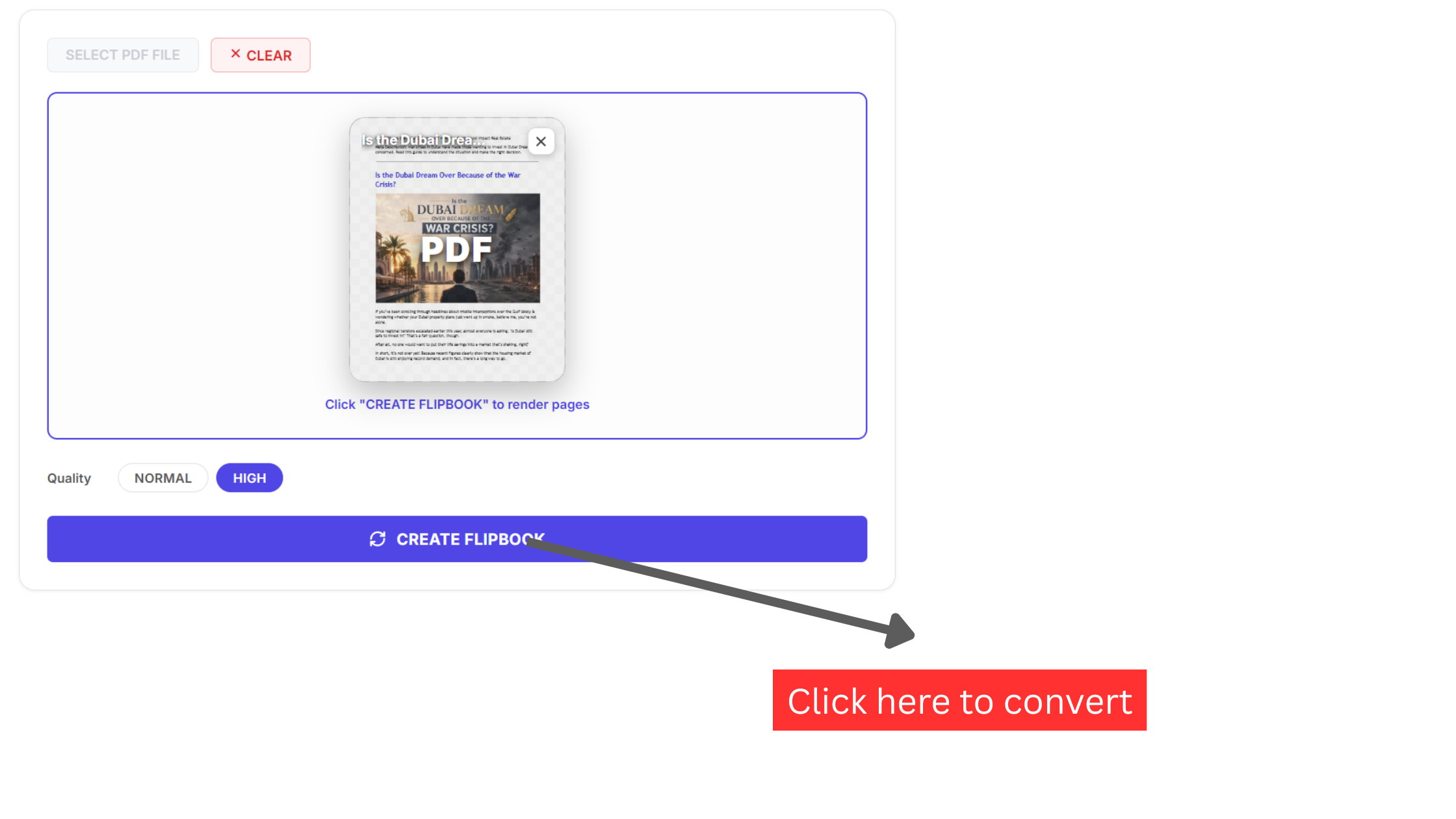 Create Flipbook button at the base of the card ready to launch client-side WebGL compilation