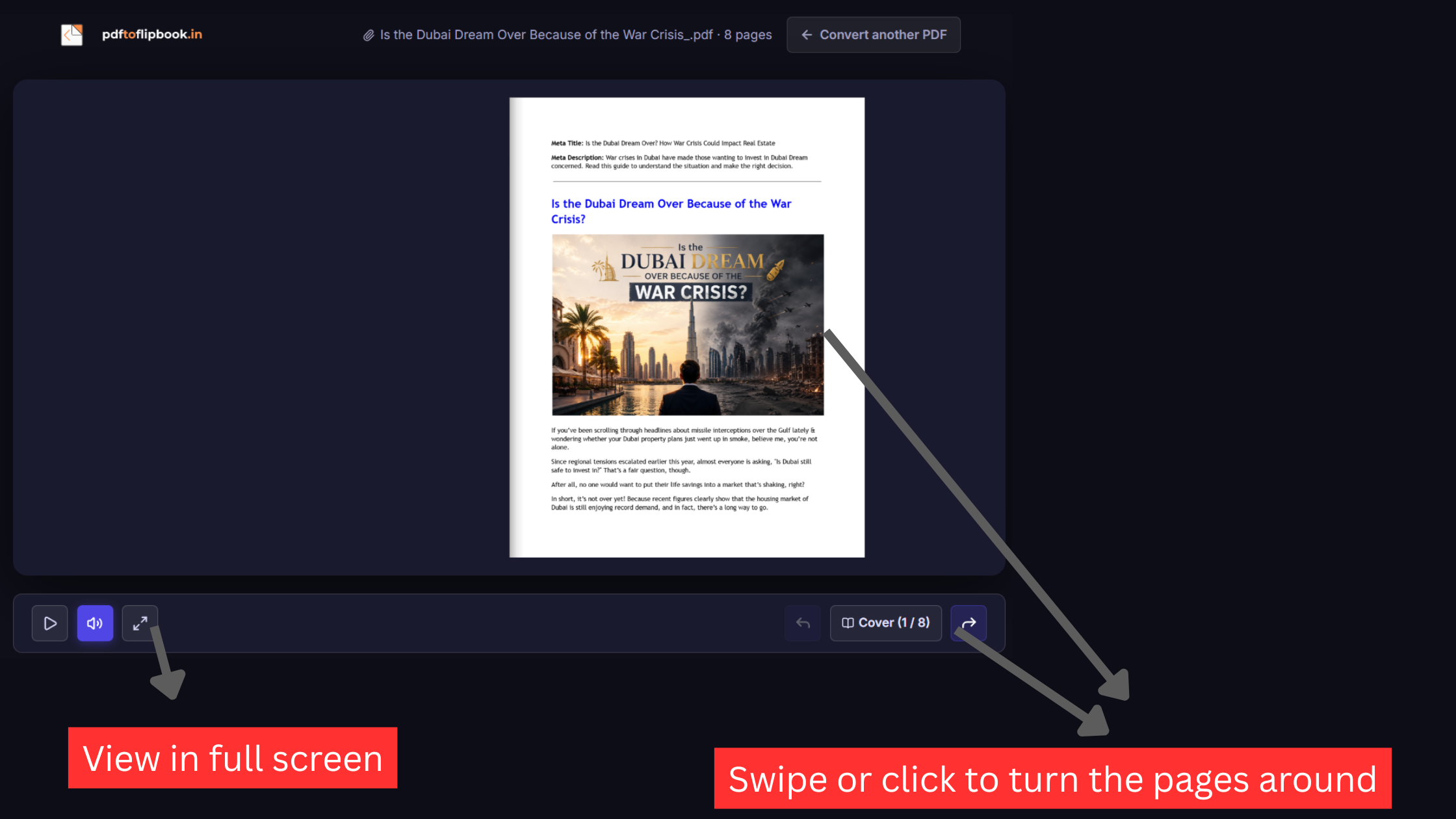 Interactive 3D dual-page flipbook publication spread showing navigation arrows and fullscreen control