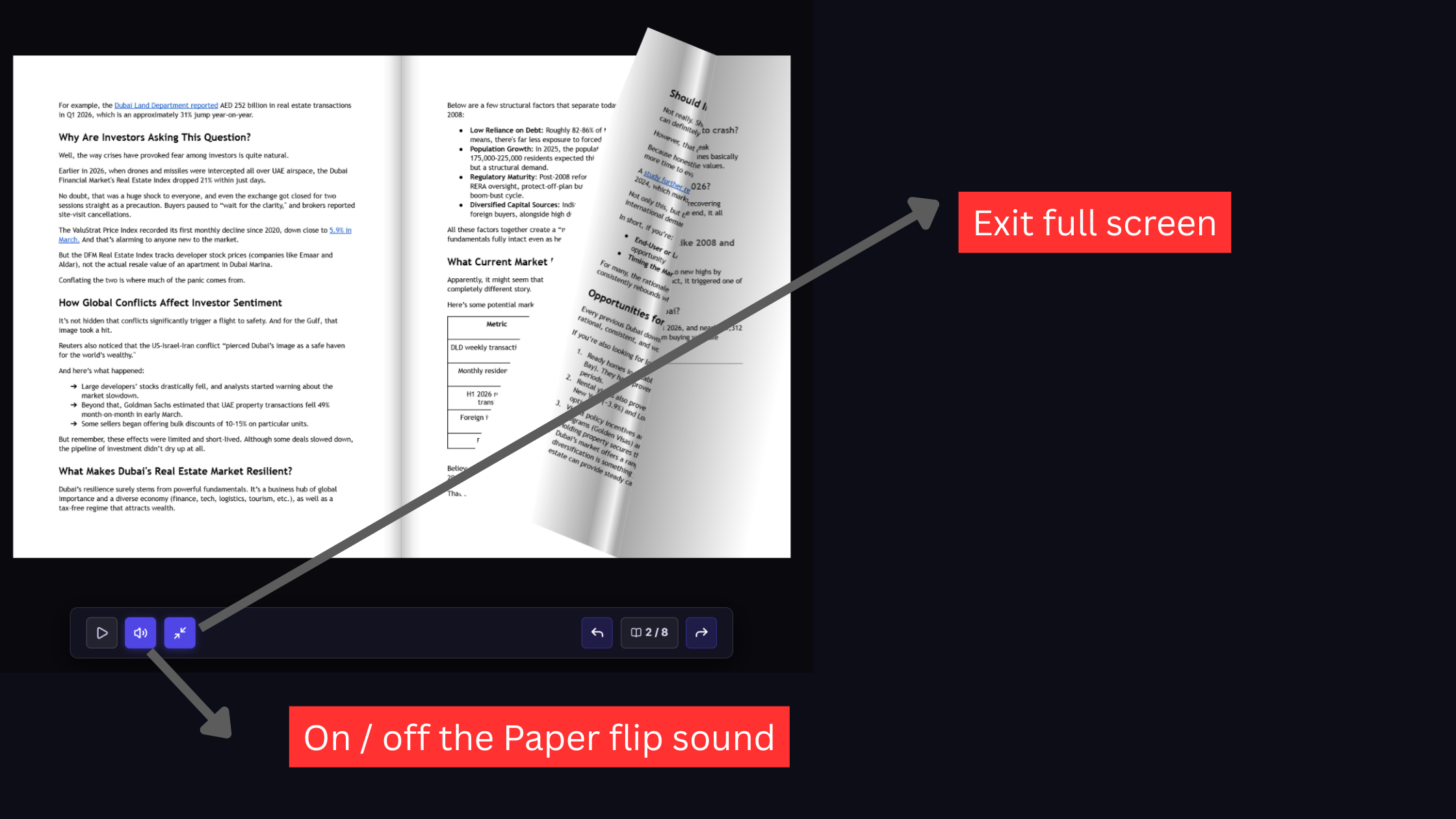 Control bar highlighted showing the audio speaker toggle for paper turning sound effects