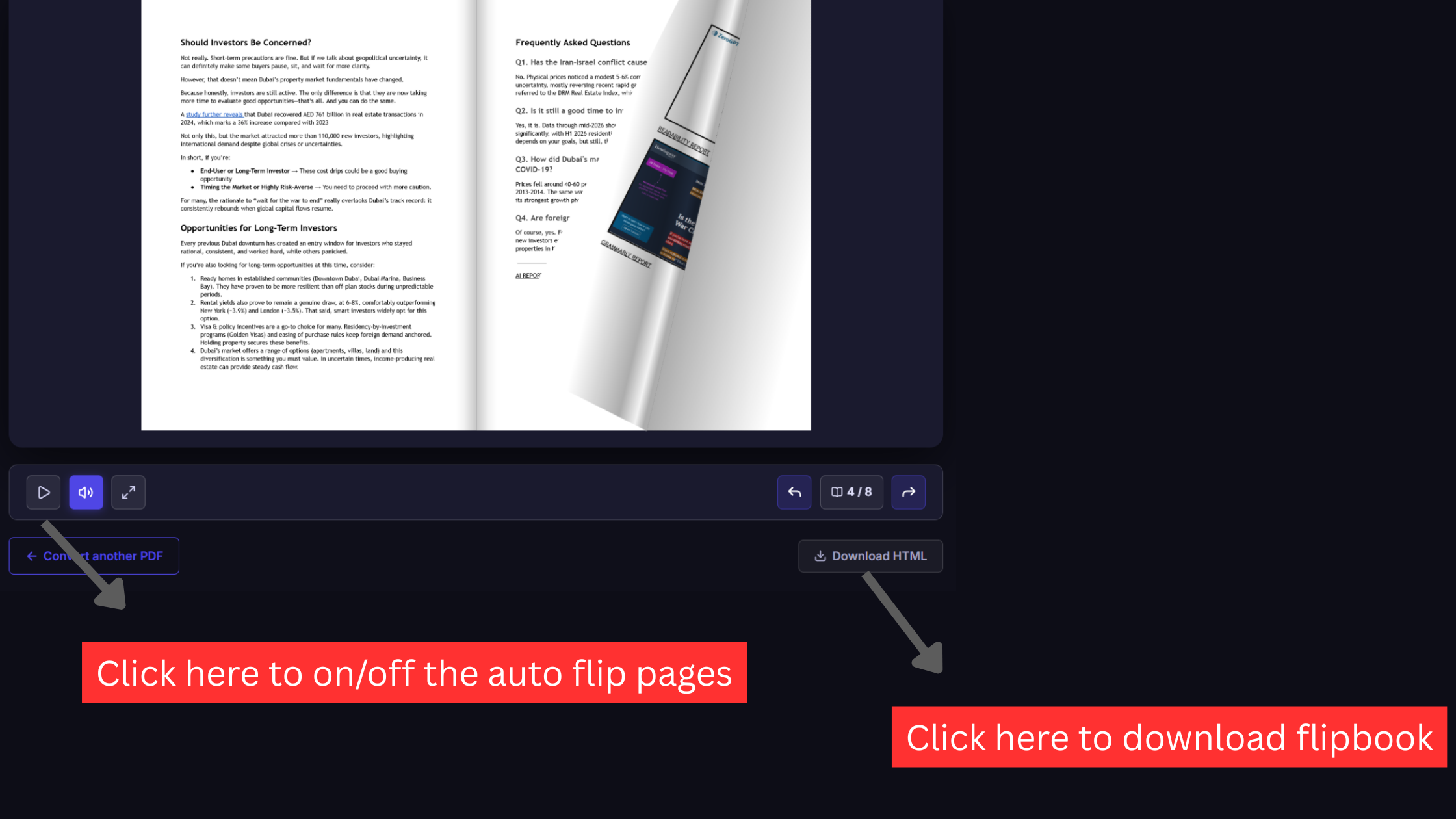 Control bar showing the auto-flip presentation button and the Download HTML export button